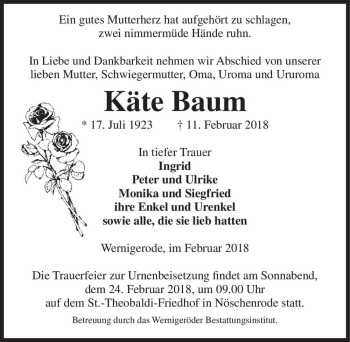 Traueranzeige von Käte Baum  von Magdeburger Volksstimme