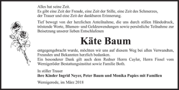 Traueranzeige von Käte Baum  von Magdeburger Volksstimme