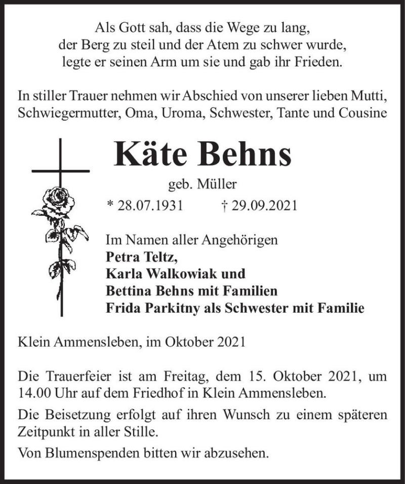  Traueranzeige für Käte Behns (geb. Müller)  vom 09.10.2021 aus Magdeburger Volksstimme