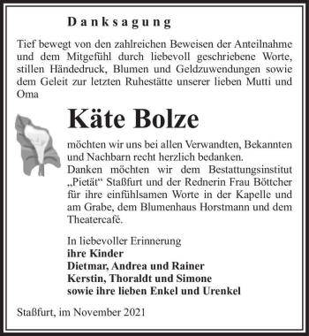 Traueranzeige von Käte Bolze  von Magdeburger Volksstimme