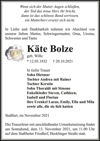 Traueranzeige von Käte Bolze (geb. Wille)  von Magdeburger Volksstimme