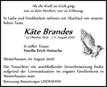 Traueranzeige von Käte Brandes  von Magdeburger Volksstimme