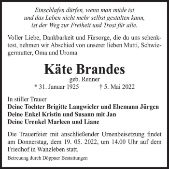 Traueranzeige von Käte Brandes (geb. Renner)  von Magdeburger Volksstimme