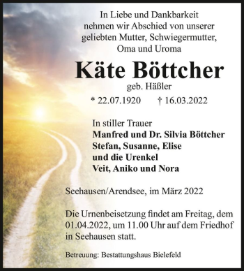 Traueranzeige von Käte Böttcher (geb. Häßler)  von Magdeburger Volksstimme