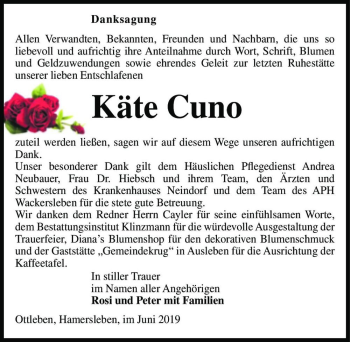 Traueranzeige von Käte Cuno  von Magdeburger Volksstimme