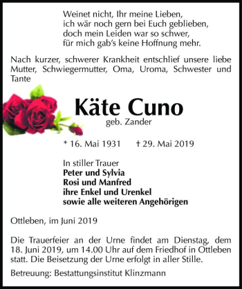 Traueranzeige von Käte Cuno (geb. Zander)  von Magdeburger Volksstimme