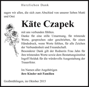 Traueranzeige von Käte Czapek  von Magdeburger Volksstimme