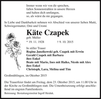 Traueranzeige von Käte Czapek (geb. Müller)  von Magdeburger Volksstimme