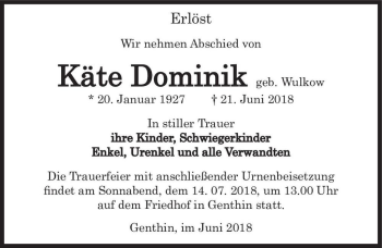 Traueranzeige von Käte Dominik (geb. Wulkow)  von Magdeburger Volksstimme