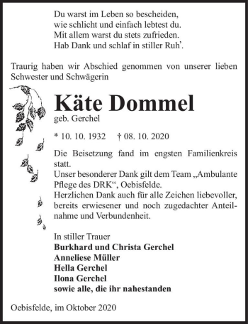 Traueranzeige von Käte Dommel (geb. Gerchel)  von Magdeburger Volksstimme