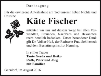 Traueranzeige von Käte Fischer  von Magdeburger Volksstimme