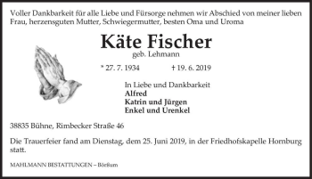 Traueranzeige von Käte Fischer (geb. Lehmann)  von Magdeburger Volksstimme