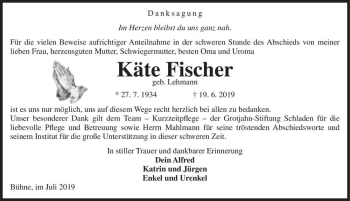 Traueranzeige von Käte Fischer (geb. Lehmann)  von Magdeburger Volksstimme