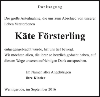 Traueranzeige von Käte Försterling  von Magdeburger Volksstimme