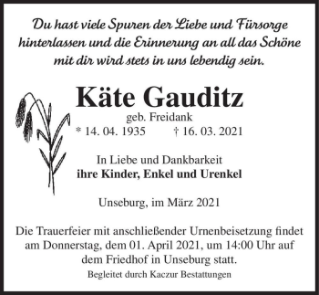 Traueranzeige von Käte Gauditz (geb. Freidank)  von Magdeburger Volksstimme