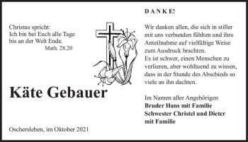 Traueranzeige von Käte Gebauer  von Magdeburger Volksstimme