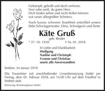 Traueranzeige von Käte Gruß (geb. Binder)  von Magdeburger Volksstimme