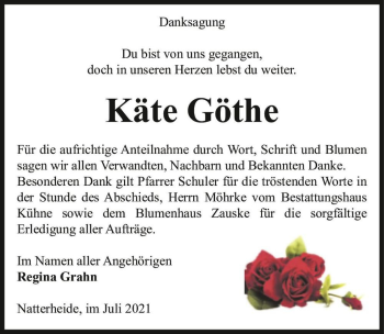 Traueranzeige von Käte Göthe  von Magdeburger Volksstimme