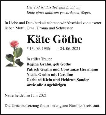 Traueranzeige von Käte Göthe  von Magdeburger Volksstimme