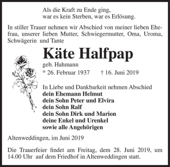 Traueranzeige von Käte Halfpap (geb. Hahmann)  von Magdeburger Volksstimme