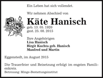 Traueranzeige von Käte Hanisch  von Magdeburger Volksstimme