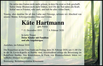 Traueranzeige von Käte Hartmann (geb. Freise)  von Magdeburger Volksstimme