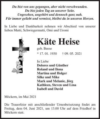 Traueranzeige von Käte Heise (geb. Busse)  von Magdeburger Volksstimme