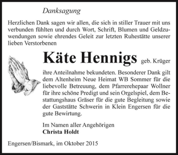 Traueranzeige von Käte Hennigs (geb. Krüger)  von Magdeburger Volksstimme