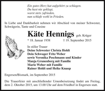 Traueranzeige von Käte Hennigs (geb. Krüger)  von Magdeburger Volksstimme