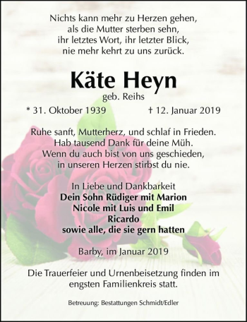 Traueranzeige von Käte Heyn (geb. Reihs)  von Magdeburger Volksstimme