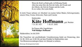 Traueranzeige von Käte Hoffmann (geb. Wachter)  von Magdeburger Volksstimme