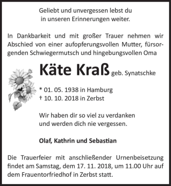 Traueranzeige von Käte Kraß (geb. Synatschke)  von Magdeburger Volksstimme