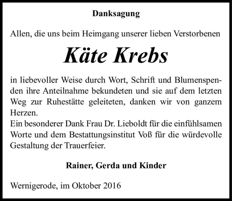  Traueranzeige für Käte Krebs  vom 09.11.2016 aus Magdeburger Volksstimme