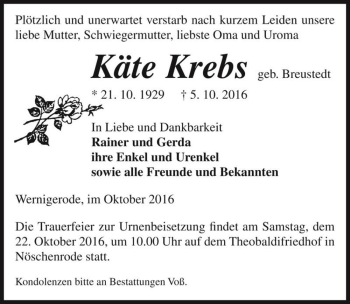 Traueranzeige von Käte Krebs (geb. Breustedt)  von Magdeburger Volksstimme