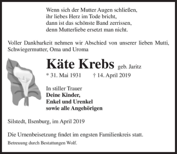 Traueranzeige von Käte Krebs (geb. Jaritz)  von Magdeburger Volksstimme