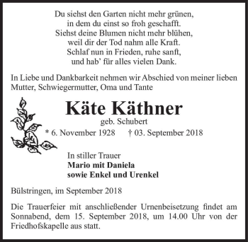 Traueranzeige von Käte Käthner (geb. Schubert)  von Magdeburger Volksstimme