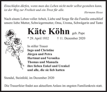 Traueranzeige von Käte Köhn (geb. Pape)  von Magdeburger Volksstimme