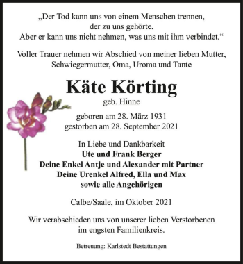 Traueranzeige von Käte Körting (geb. Hinne)  von Magdeburger Volksstimme
