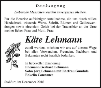 Traueranzeige von Käte Lehmann  von Magdeburger Volksstimme