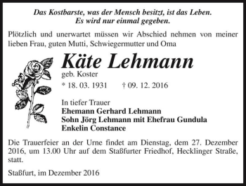 Traueranzeige von Käte Lehmann (geb. Koster)  von Magdeburger Volksstimme