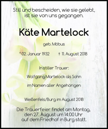 Traueranzeige von Käte Martelock  (geb. Möbus)  von Magdeburger Volksstimme