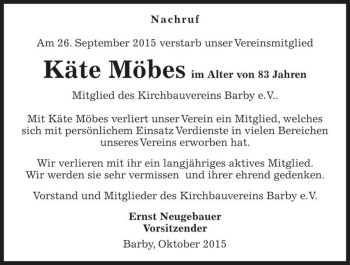 Traueranzeige von Käte Möbes  von Magdeburger Volksstimme