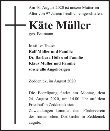 Traueranzeige von Käte Müller (geb. Baumann)  von Magdeburger Volksstimme