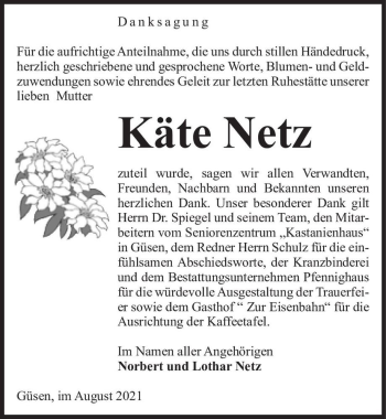 Traueranzeige von Käte Netz  von Magdeburger Volksstimme