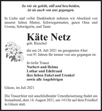 Traueranzeige von Käte Netz (geb. Rieschel)  von Magdeburger Volksstimme