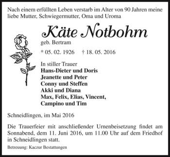 Traueranzeige von Käte Notbohm (geb. Bertram)  von Magdeburger Volksstimme