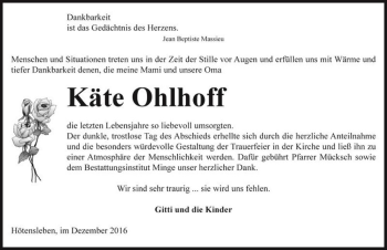 Traueranzeige von Käte Ohlhoff  von Magdeburger Volksstimme