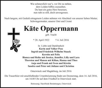 Traueranzeige von Käte Oppermann (geb. Tracht)  von Magdeburger Volksstimme