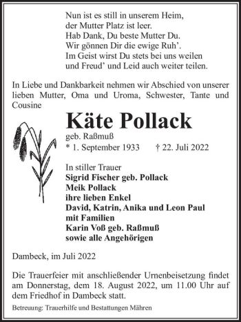 Traueranzeige von Käte Pollack (geb. Raßmuß)  von Magdeburger Volksstimme