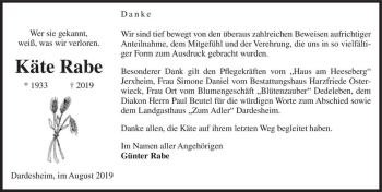 Traueranzeige von Käte Rabe  von Magdeburger Volksstimme